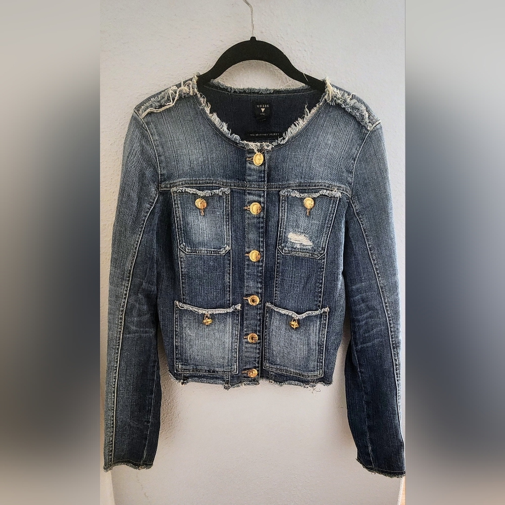 Guess Denim Jacket - Size S - Distressed Gold Buttons